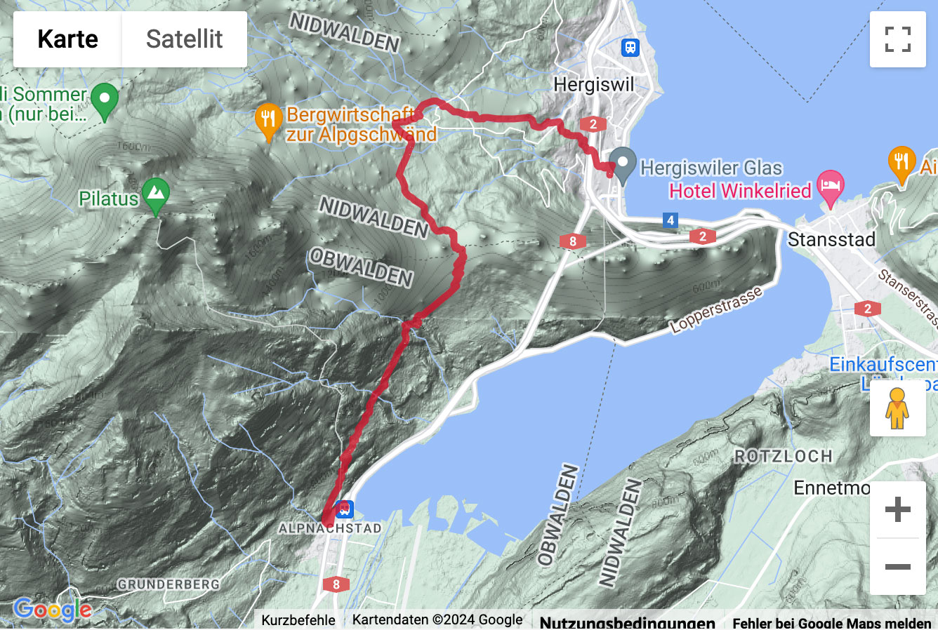 Übersichts-Routenkarte für die Wanderung von Hergiswil über den Renggpass