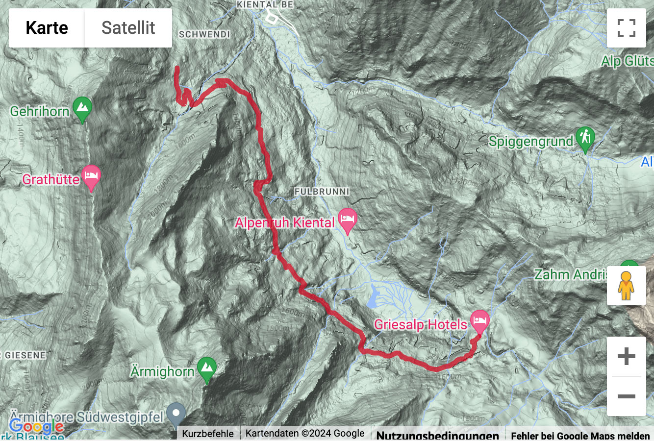 Übersichts-Routenkarte für die Höhenwanderung von der Griesalp nach Ramslauenen