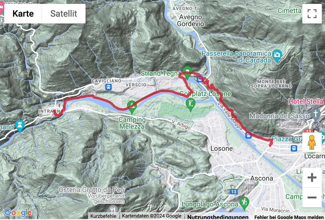 Übersichts-Routenkarte für die Wanderung von Intragna via Ponte Brolla nach Solduno