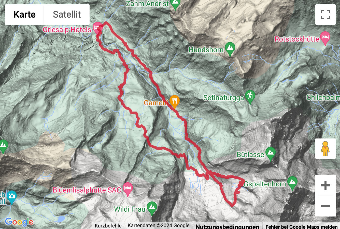 Übersichts-Routenkarte für die Bergwanderung von der Griesalp zur Gspaltenhornhütte SAC