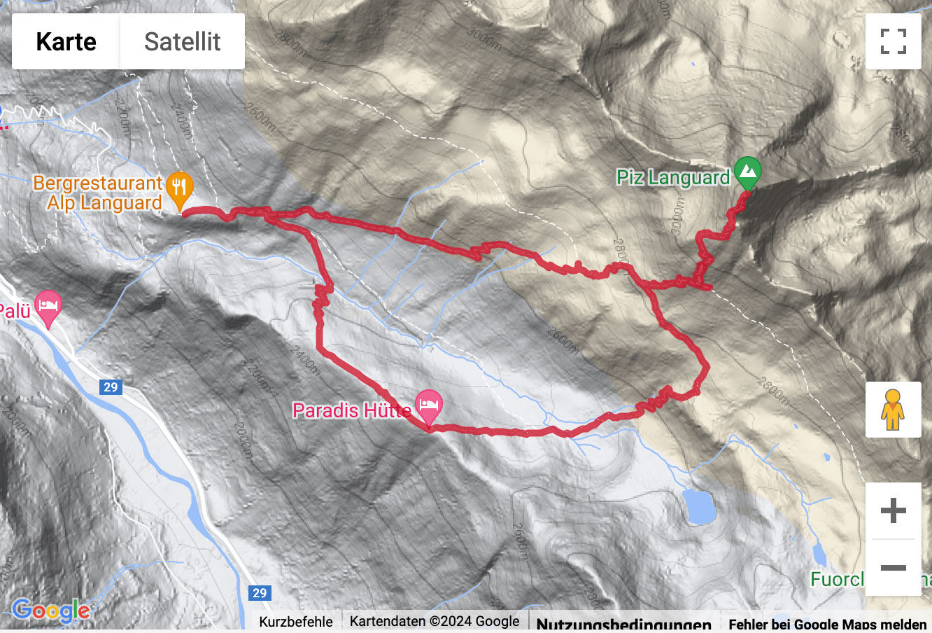 Übersichts-Routenkarte für die Gipfelwanderung von der Alp Languard auf den Piz Languard