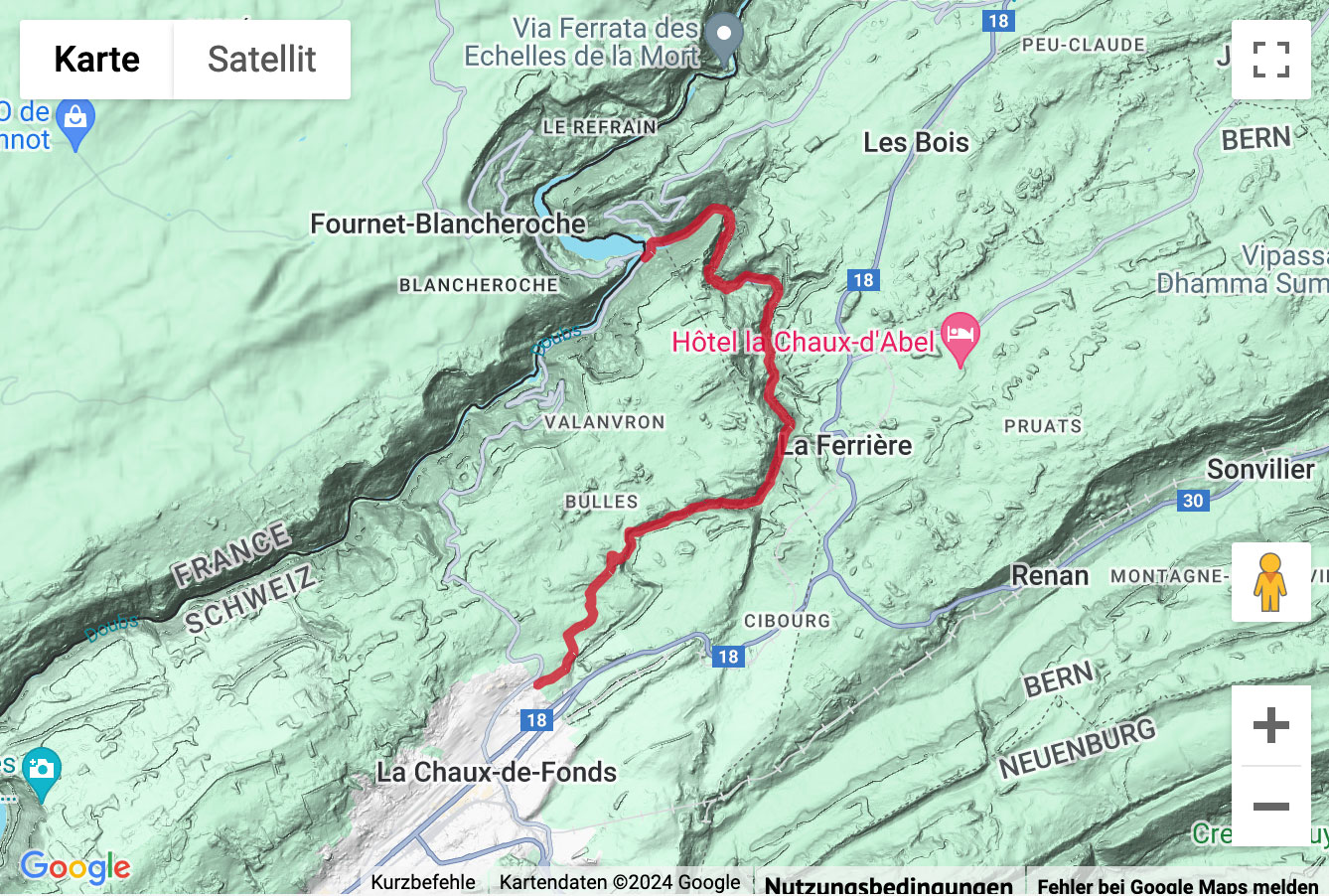 Übersichts-Routenkarte für die Wanderung durch die Combe de Biaufond