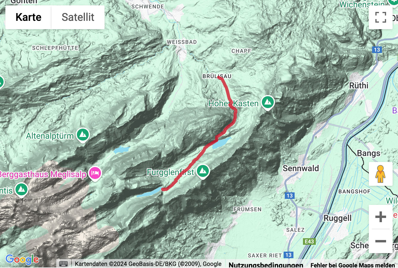 Übersichts-Routenkarte für die Bergwanderung Sämtisersee und Fählensee