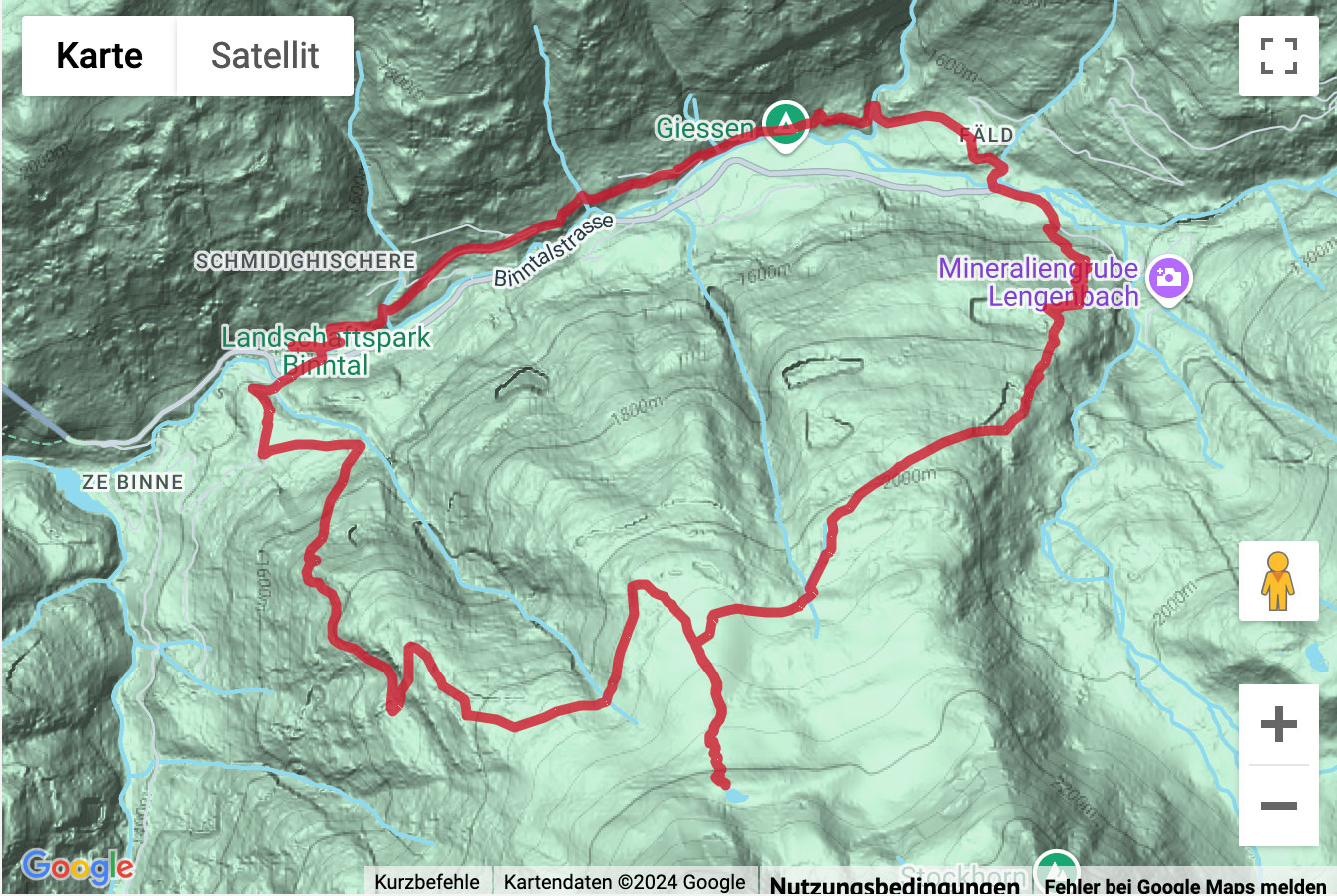 Übersichts-Routenkarte für die Bergwanderung von Binn hinauf zum Schaplersee