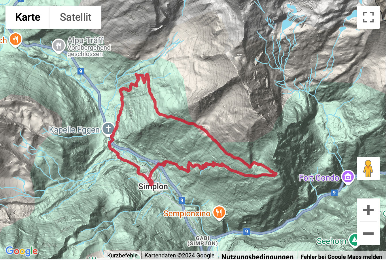 Übersichts-Routenkarte für die Panoramawanderung von Simplon Dorf über den Chastelberg