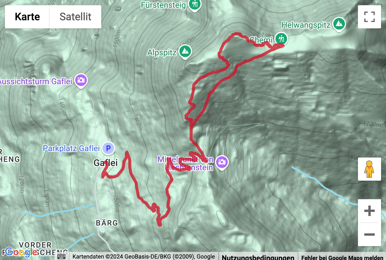 Übersichts-Routenkarte für die Gipfelwanderung von Gaflei auf den Alpspitz