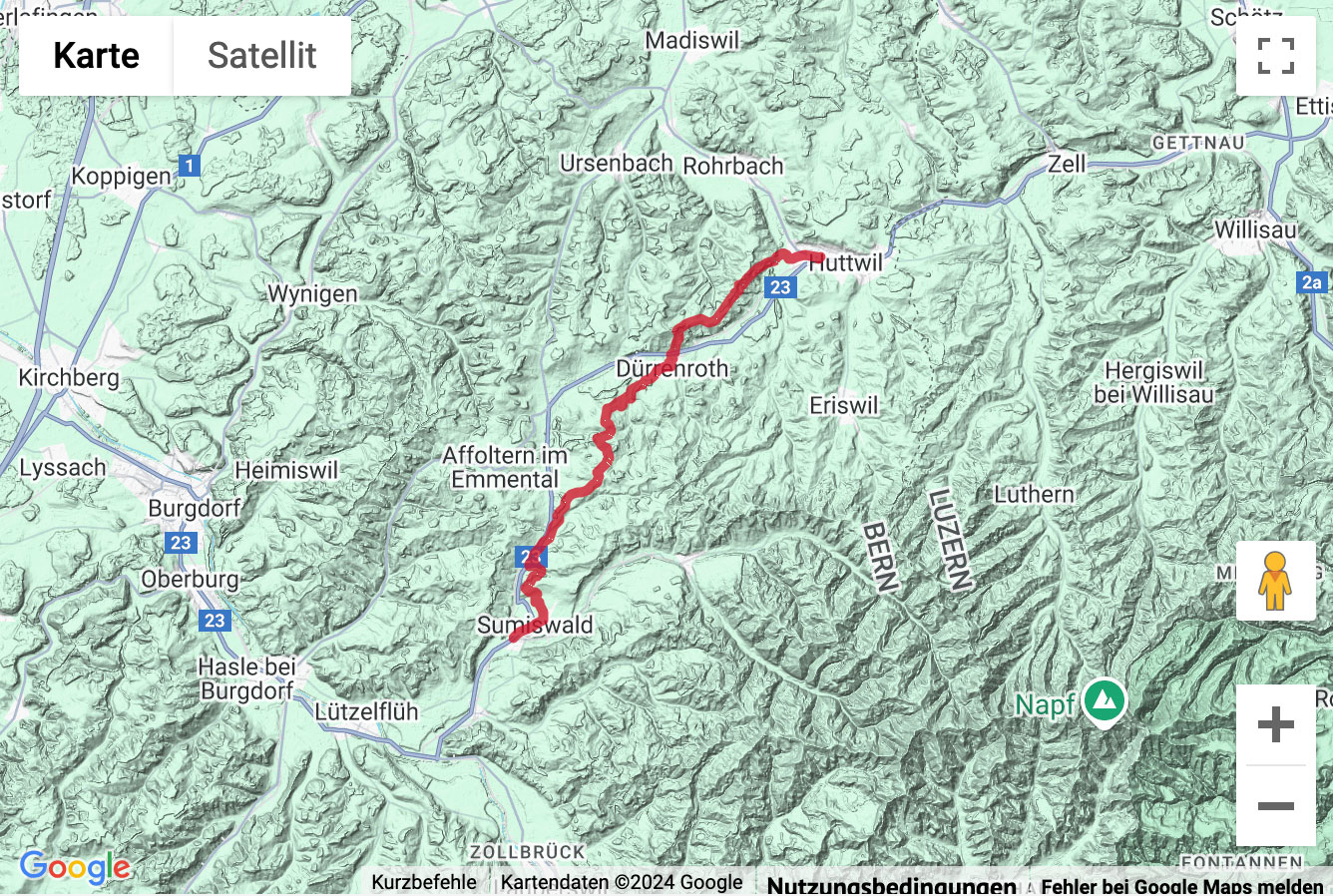 Übersichts-Routenkarte für die Wanderung von Huttwil nach Sumiswald