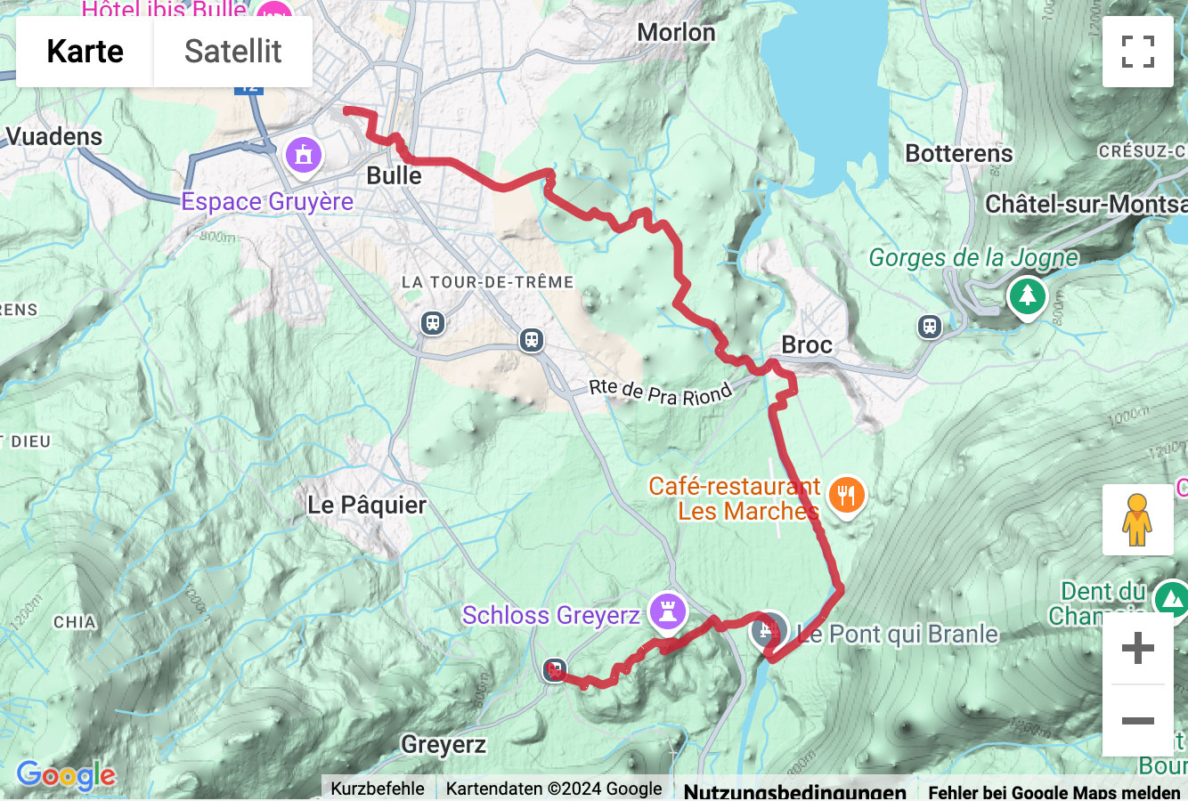 Übersichts-Routenkarte für die Wanderung von Bulle nach Gruyères